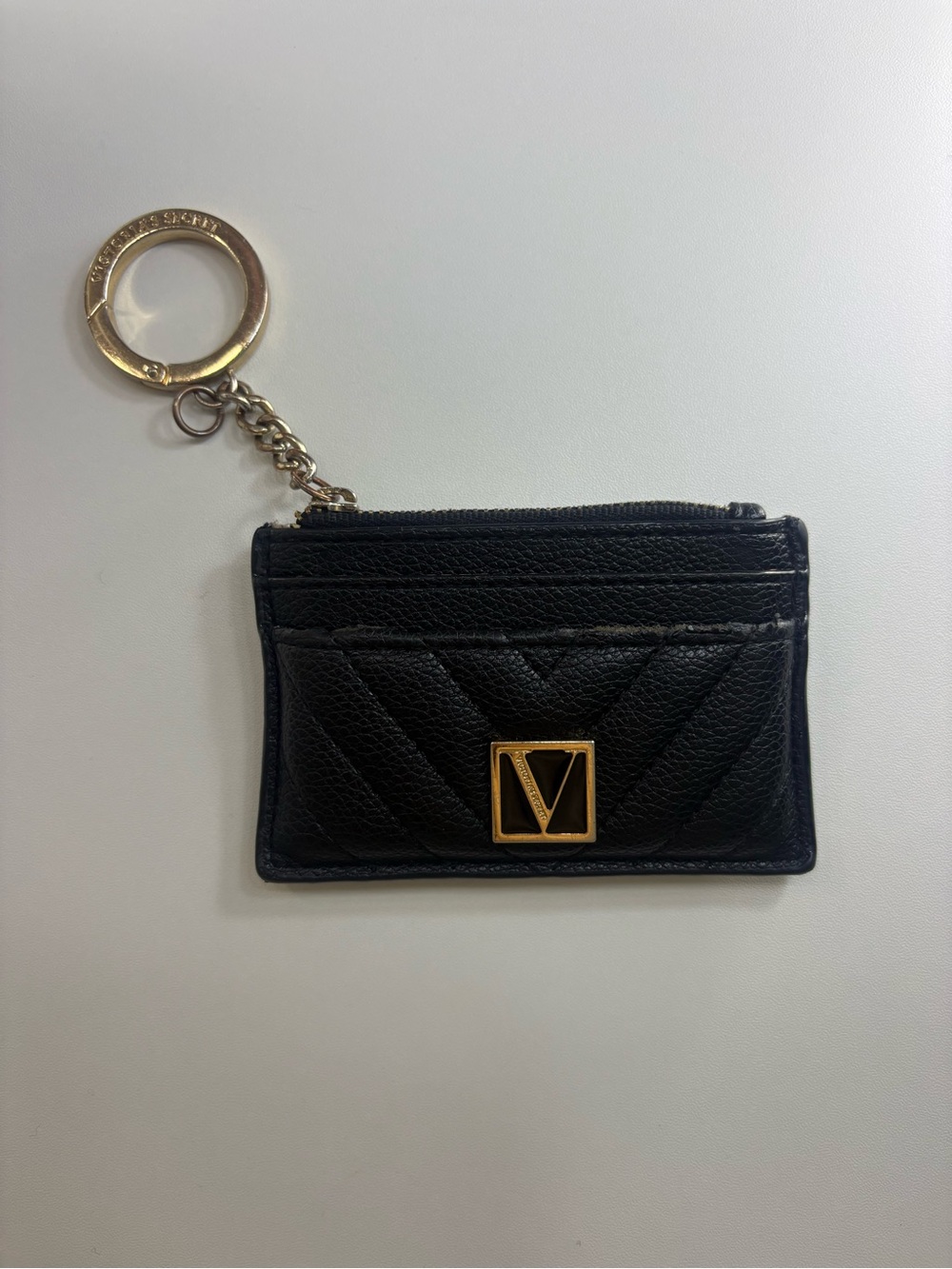 Victoria's Secret Black Quilted Cardholder Keyring with Gold V Accent